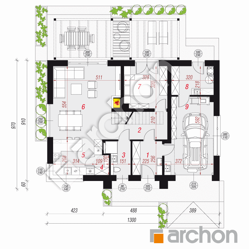 gotowy projekt Dom w balsamowcach 18 (GE) rzut parteru