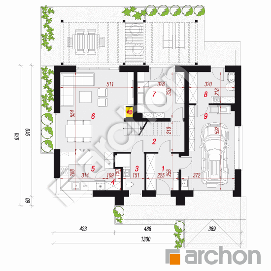 gotowy projekt Dom w balsamowcach 18 (GE) rzut parteru