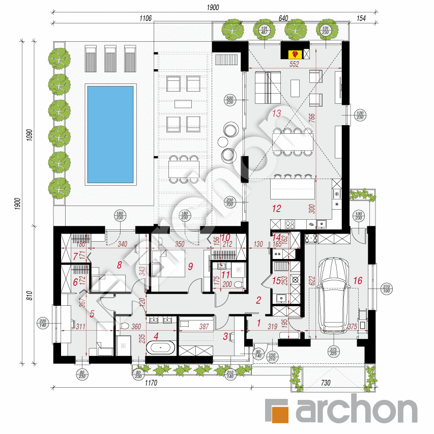 gotowy projekt Dom w dracenach 5 (GE) rzut parteru