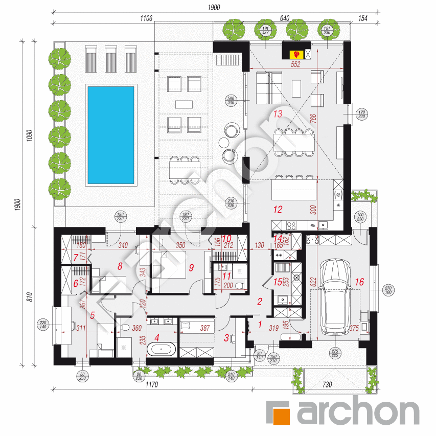 gotowy projekt Dom w dracenach 5 (GE) rzut parteru