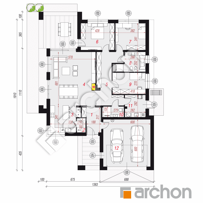gotowy projekt Dom w renklodach 39 (G2E) rzut parteru