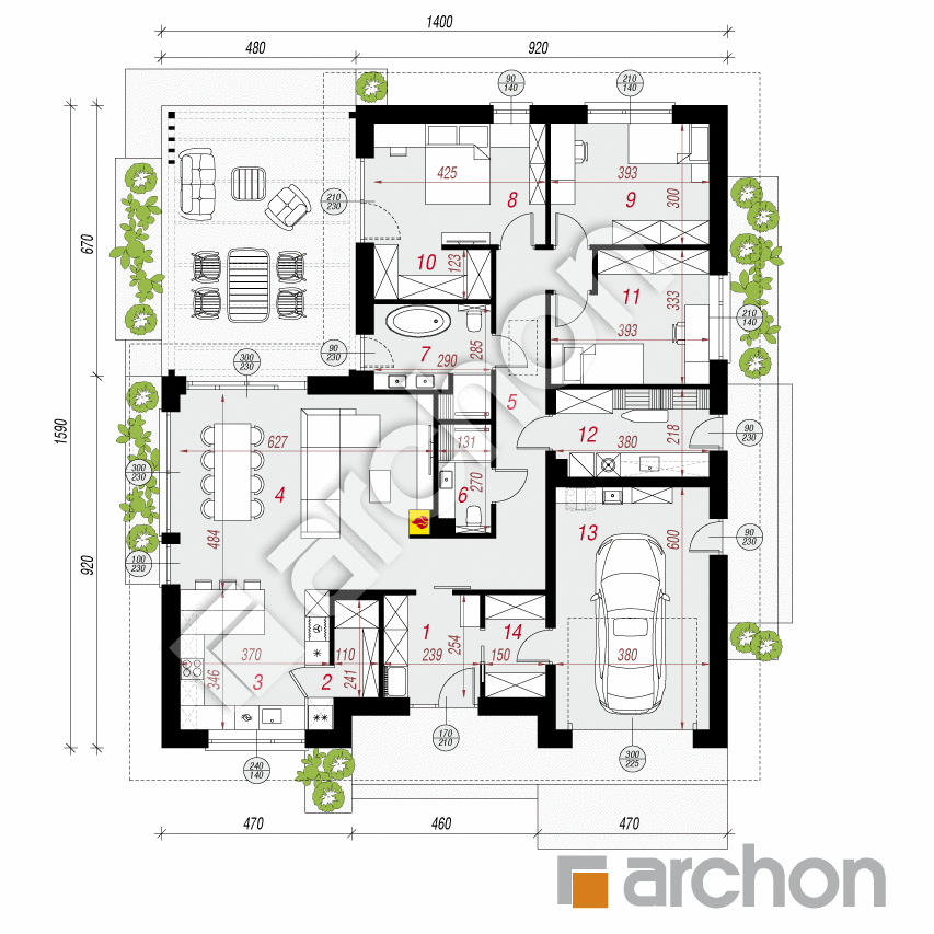 gotowy projekt Dom w roselinach (GE) rzut parteru