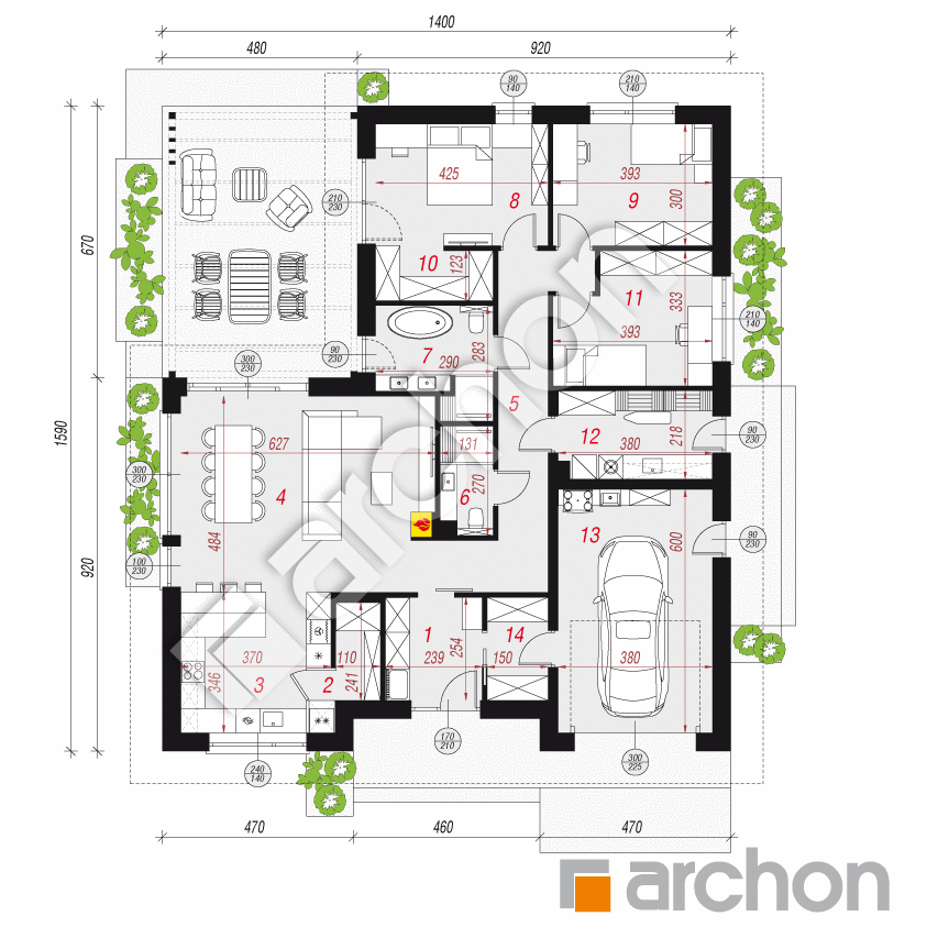 gotowy projekt Dom w roselinach (GE) rzut parteru