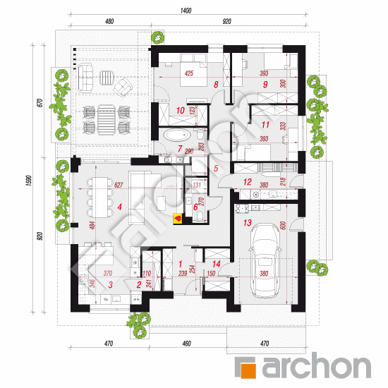 gotowy projekt Dom w roselinach (GE) rzut parteru
