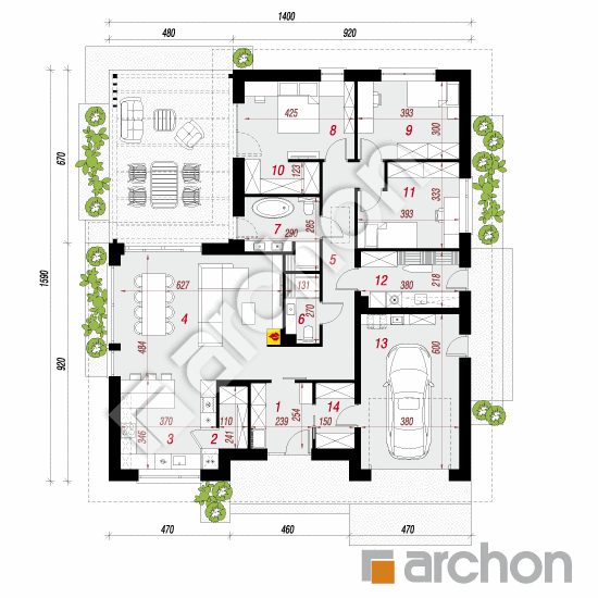 gotowy projekt Dom w roselinach (GE) rzut parteru