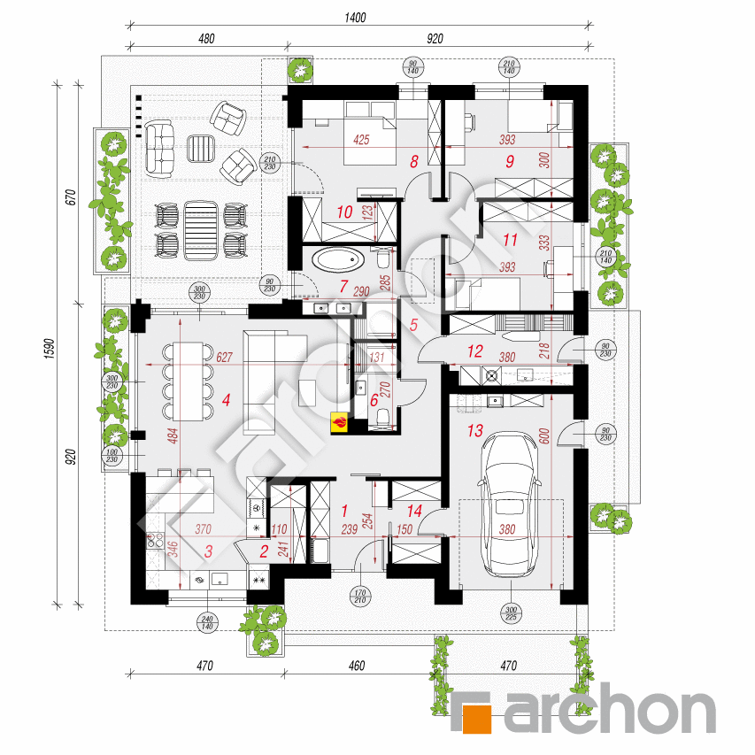 gotowy projekt Dom w roselinach 2 (GE) rzut parteru