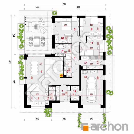 gotowy projekt Dom w roselinach 2 (GE) rzut parteru