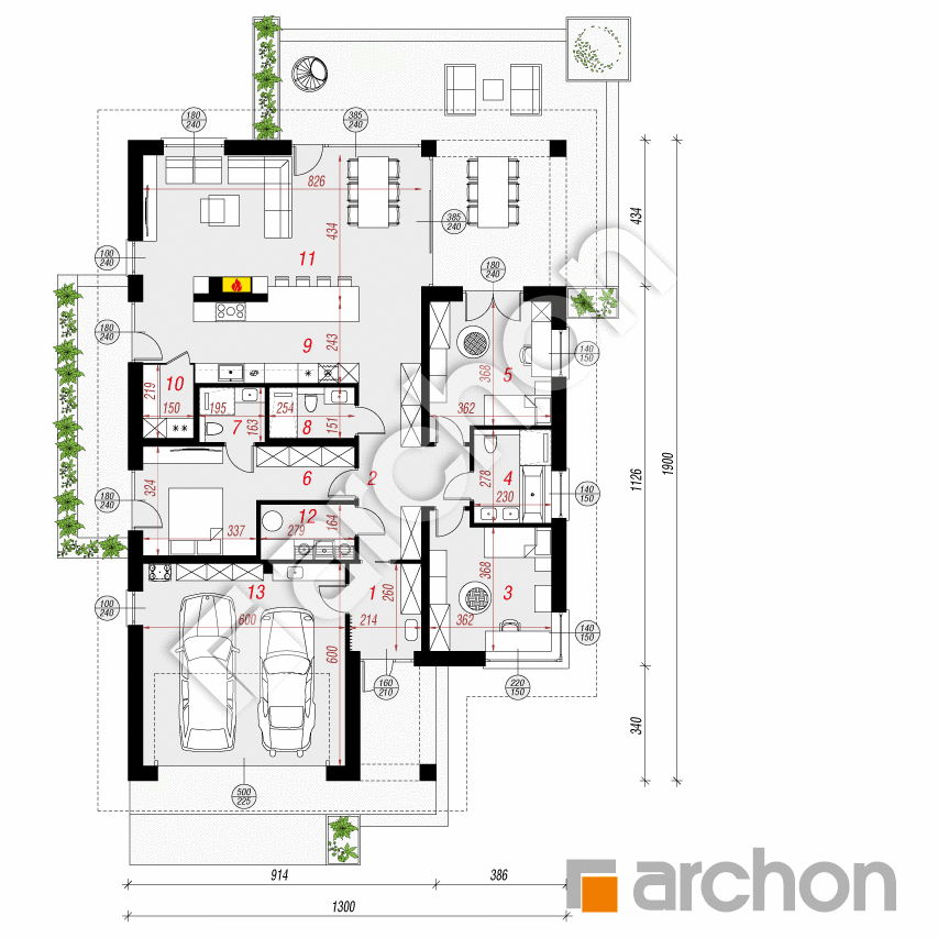 gotowy projekt Dom w peoniach 2 (G2E) rzut parteru