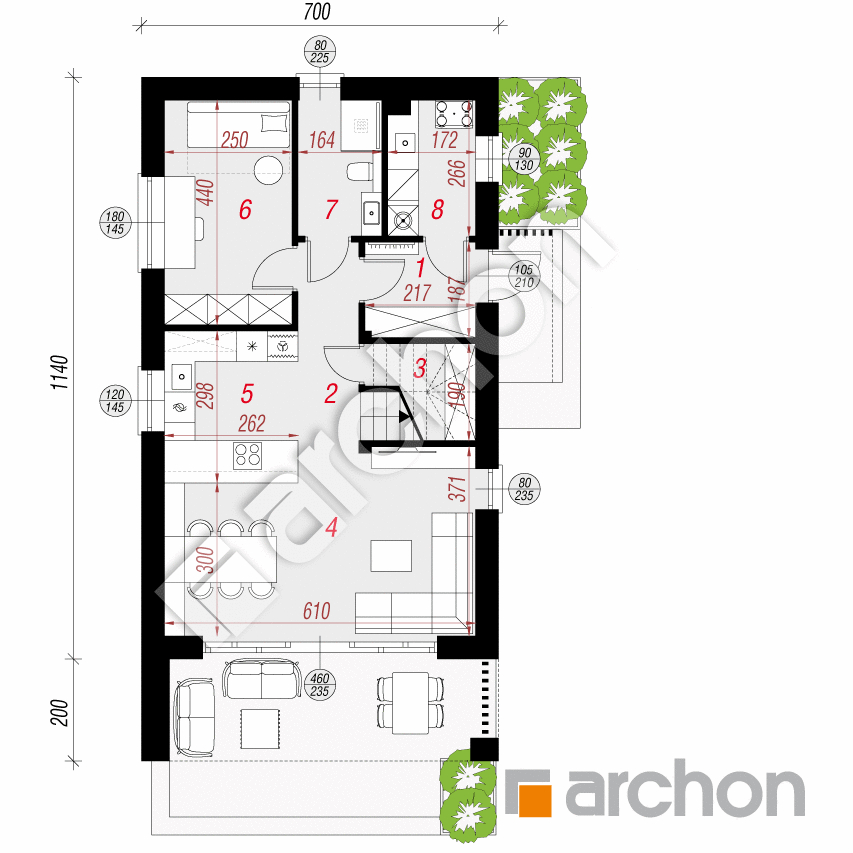 gotowy projekt Dom w ostojach 2 (E) rzut parteru