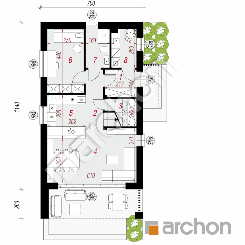 gotowy projekt Dom w ostojach 2 (E) rzut parteru