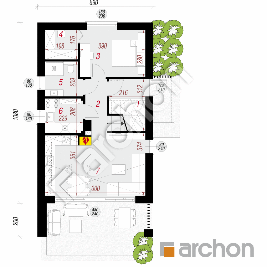 gotowy projekt Dom w ostojach (E) rzut parteru