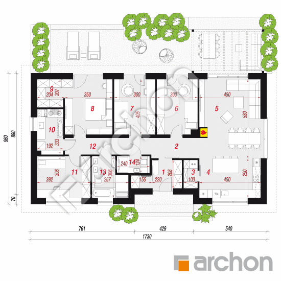 gotowy projekt Dom w kalandryniach (E) rzut parteru