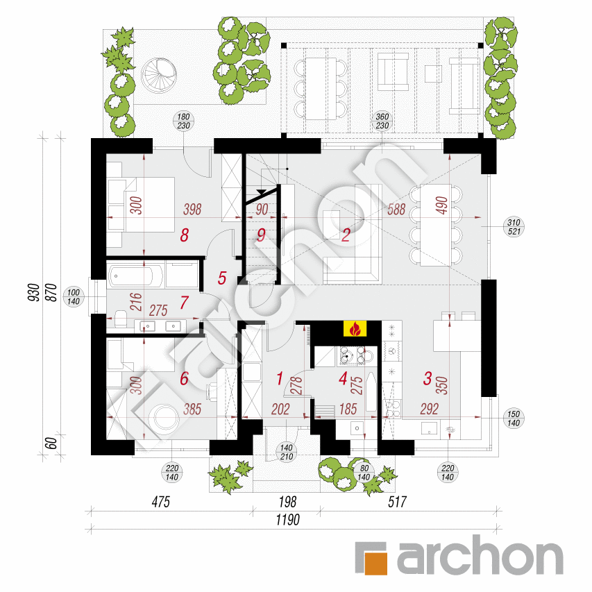 gotowy projekt Dom w kotewkach 3 (E) rzut parteru