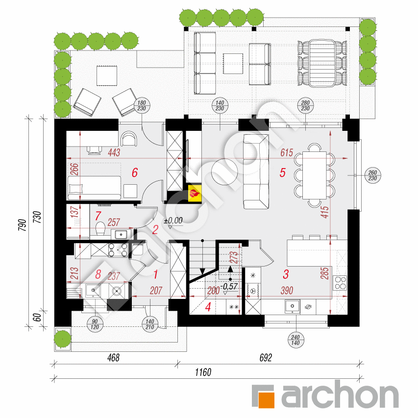 gotowy projekt Dom w malinówkach 57 (E) rzut parteru