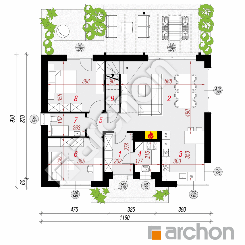 gotowy projekt Dom w kotewkach 5 (E) rzut parteru