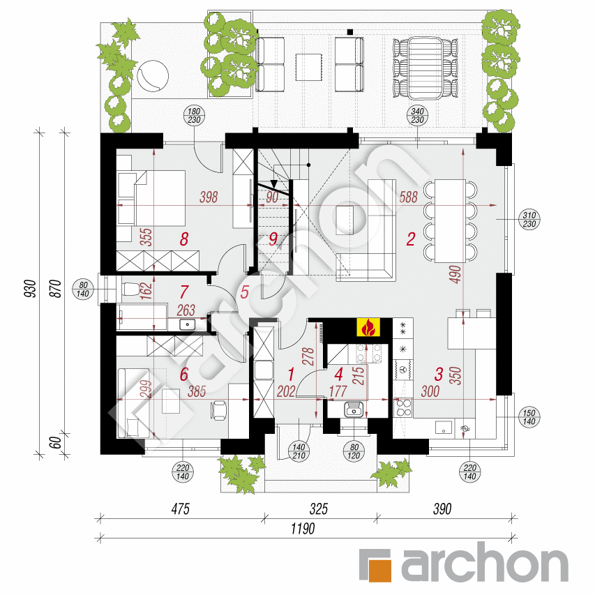 gotowy projekt Dom w kotewkach 5 (E) rzut parteru